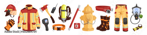 Set of fire extinguishing items. Firemen's tools and costume for firefighting. Extinguishers equipment to rescue: axe, hose, hook, hydrant. Flat isolated vector illustrations on white background