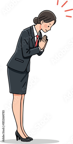 Pixel Art Woman Bows in Business Suit Thank You Gesture White Background
