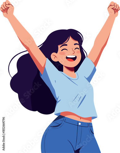 Pixel Art Woman Cheering Excitedly With Arms Raised Blue Sky Background