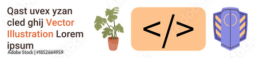 Web development, cybersecurity, digital protection, coding education, modern design, visual aesthetics. Potted plant, coding symbol and shield. Web development and cybersecurity
