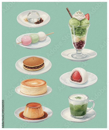 Sweet Japanese Desserts & Treats Illustration – Mochi, Parfait, Cheesecake