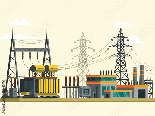 Electrical substation with power plant buildings and transmission towers