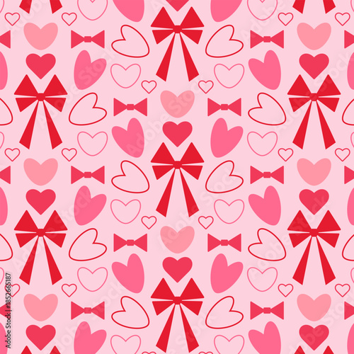 Seamless pattern with red bows, ribbons, and hearts for Valentine's Day. Romantic love illustration for gift wrapping and fabric design.