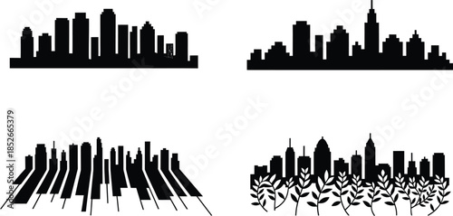 Monochrome cityscape silhouette backgrounds with architecture building shapes designs and townscape