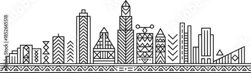 Ornate decorative tribal art style cityscape silhouette with geometric elements