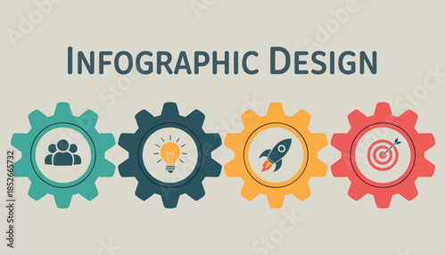 Infographic with four colorful gear representing teamwork idea launch and target people lightbulb