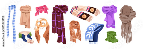 Different scarves set. Fashion tied foulards with various patterns. Warm garments for winter and autumn. Woolen and cotton accessories, clothes. Flat isolated vector illustrations on white background