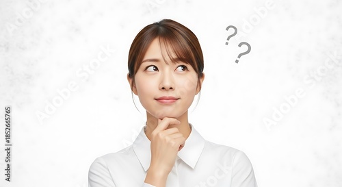 Plakat Young Asian woman pondering with question marks above her head.