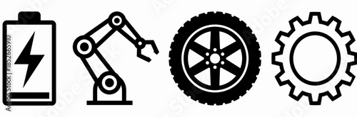 Battery, Robotic Arm, Wheel, and Gear Industrial Icons Conveying Automation and Energy