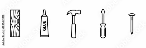 Essential Carpentry Tools Hammer, Screwdriver, Glue, Nail, and Wood Plank