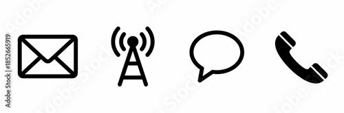 Communications Icon Set Representing Email, Antenna, Speech Bubble, and Phone Receiver