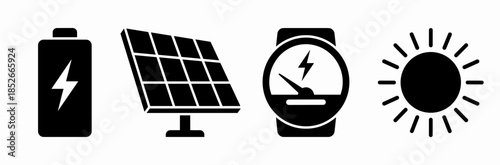Energy Symbols Solar Panel, Battery, Sun, and Meter Representing Green Power