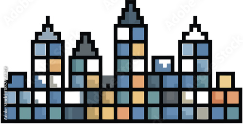 Pixelated retro style cityscape illustration with block buildings and skyline design