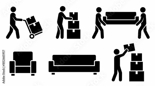 Moving Service Icons Set Depicting Boxes, Furniture, and Transporting Items