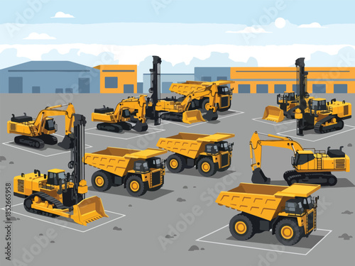 Fleet of yellow heavy construction and mining vehicles parked outdoors