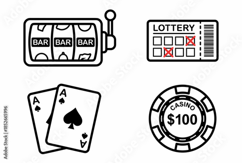 Gambling Icons Featuring a Slot Machine, Lottery Ticket, Aces, and Casino Chip