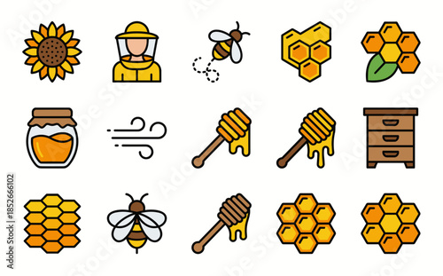 Yellow Honey Collection Icons of Sunflower, Beekeeper, Bee, Honeycomb, Jar and Honey Dipper
