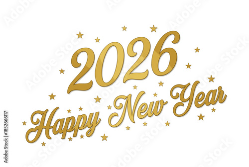 Happy New Year 2026 Golden Text With Stars Decorative Vector Illustration
