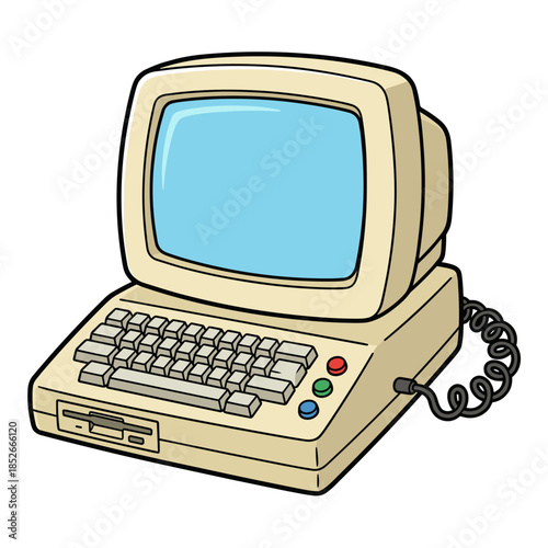 Retro Computer Illustration with Beige Body and Blank Blue Screen for Digital Design