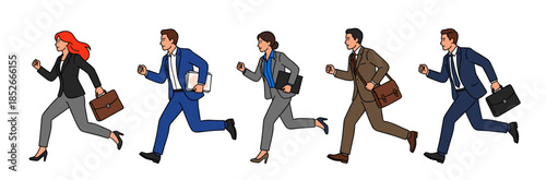 Business People Running Late for Work with Briefcases and Files in a Hurry