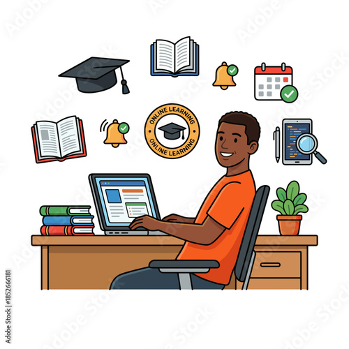 Man Attending Online Learning Course on Laptop with Icons of Education Around