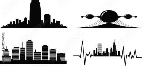 Set of silhouette city skyline for graphic design concept isolated on transparent backdrop
