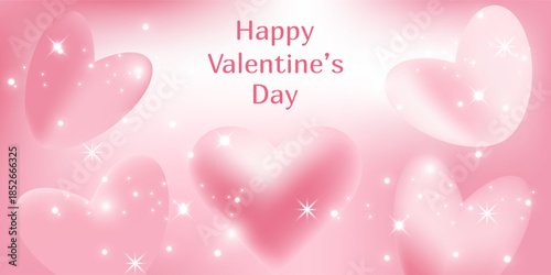 Happy Valentine's Day banner on a soft pink background with gradient hearts and twinkling lights. Love-themed design for a greeting card or banner.