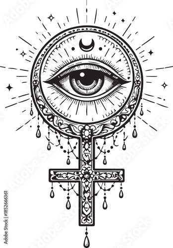 Sigilism tattoo design of an occult eye with cross and ornaments symbolizing divine vision and faith.