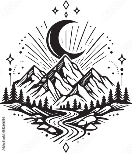 Sigilism tattoo design of a gothic mountain landscape with crescent moon symbolizing mystery and solitude.