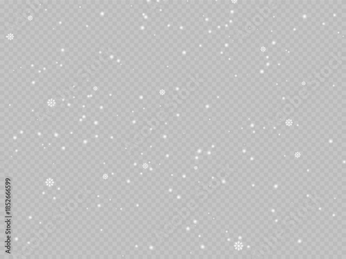 Snow falling effect, realistic white snowflakes on transparent background, winter weather precipitation, blizzard or snowfall texture for design projects, vector, illustration