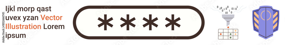 Obraz premium Cybersecurity, data protection, encryption, secure access, technology, information privacy. A password field, shield and data flow visuals. Cybersecurity and data protection concept