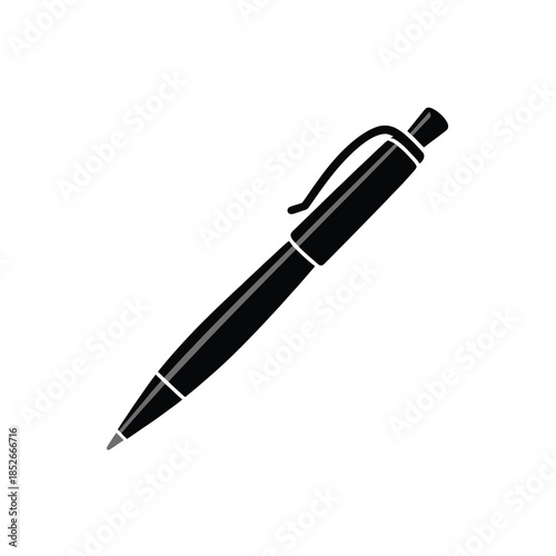 A black ballpoint pen rests on a white background.