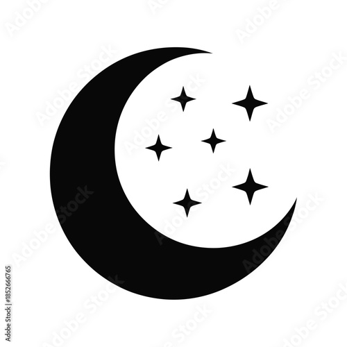 A stylized black crescent moon is depicted with several four-pointed stars against a white background.