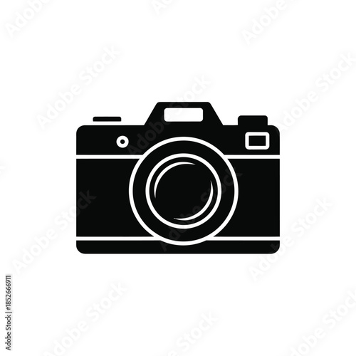 A simple black silhouette of a vintage camera is depicted against a white background.