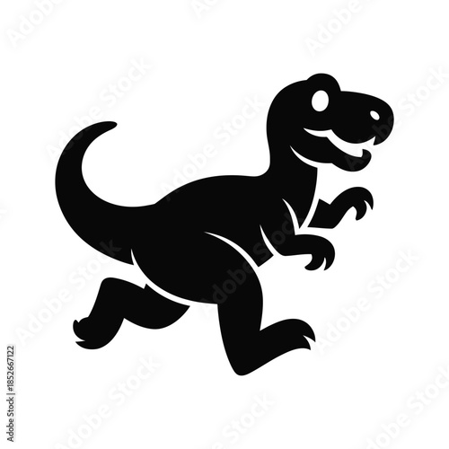 A silhouetted illustration of a cartoon Tyrannosaurus Rex dinosaur running on a white background.