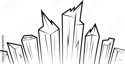 Simple cartoon design of a city with buildings and many jagged looking skyscrapers