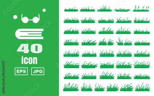 Bundle of 40 green grass silhouette icons and meadow turf border elements isolated on white background