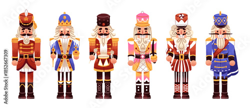 Christmas nutcrackers set. Xmas children's toys. Designs of wooden figurines of winter holidays' character. New Year's soldiers with mustaches. Flat isolated vector illustrations on white background
