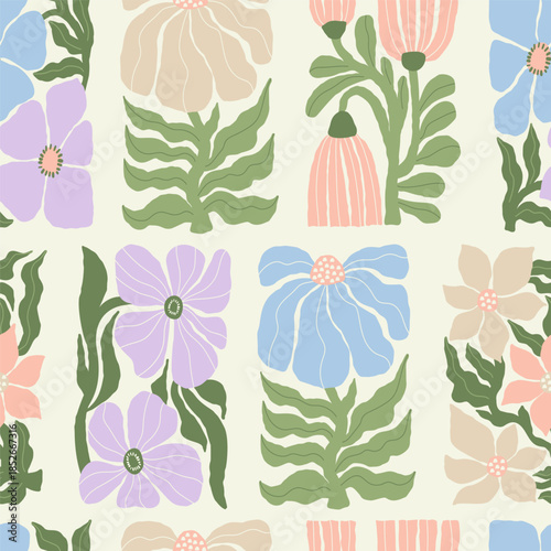 Groovy Folk Flower. Floral Seamless Pattern with Organic Plants on Light Background. Ornament in trendy naive retro hippie 60s 70s. Contemporary Aesthetic. Vector Illustration. Not AI