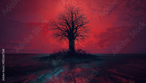 Lone tree silhouette against a blood-red sky, evoking a sense of foreboding and mystery.