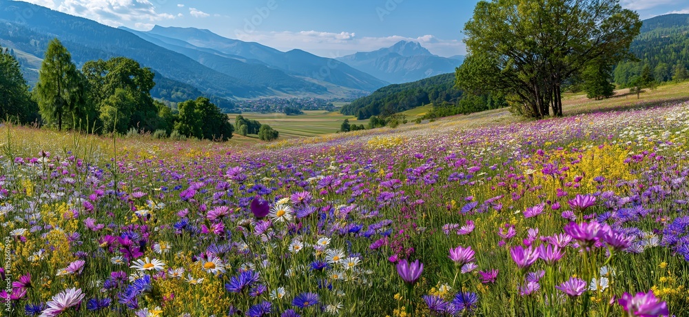 Naklejka premium Colorful wildflowers blooming in mountain meadow field. Colorful wildflowers blooming profusely across a vibrant meadow with blurred mountains in background