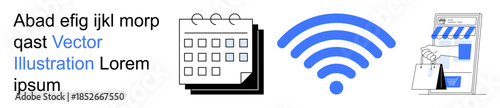 Wireless connectivity, digital scheduling, online shopping, organization, communication, retail. Calendar icon, wireless symbol and shopping bag graphic. Wireless connectivity and digital scheduling