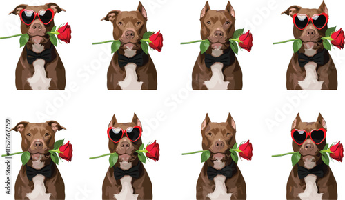 Gentleman Dog Character Collection with Red Rose, Bow Tie and Heart Sunglasses for Valentine's Day.
