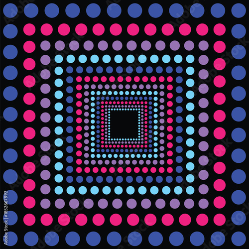 Visual effect created by squares of neon blue, pink, purple and pale blue circles on a black background, getting progressively smaller