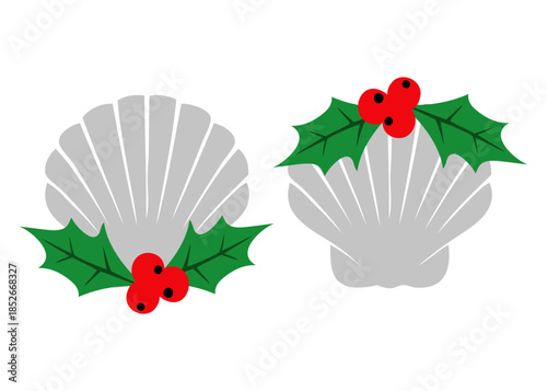 Logo con silueta de concha marina con hojas y bayas de acebo para tarjetas y felicitaciones de Navidad