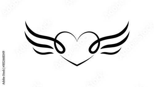 Heart Wings symbol, black isolated silhouette