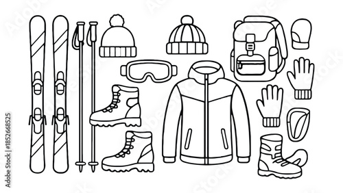 Essential winter sports gear laid out for a cold weather adventure