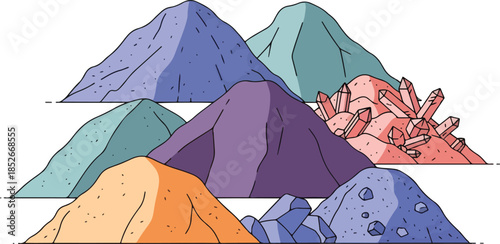Illustration of stacked colorful piles of minerals and crushed rock