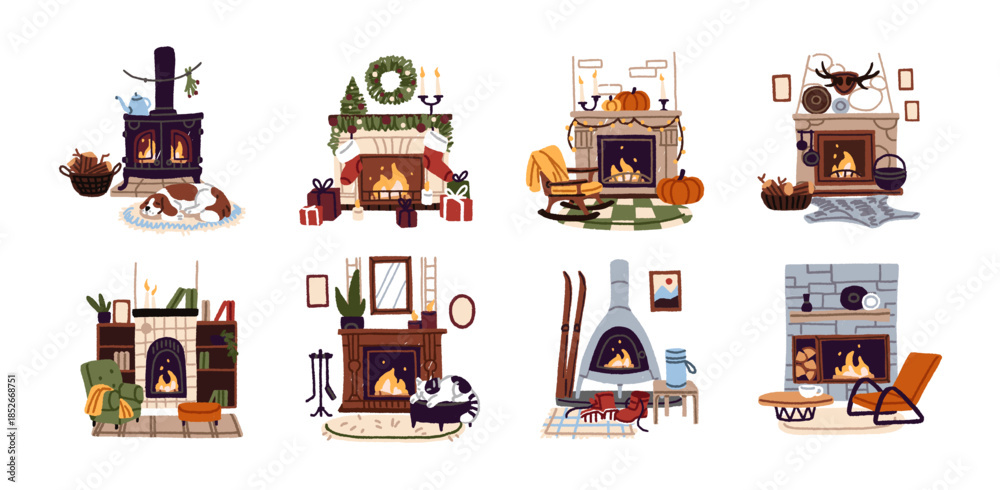 Fototapeta premium Fireplaces set. Decorated for Christmas and autumn living room with fireside. Cozy interior with burning fire. Home flame with decorations. Flat isolated vector illustrations on white background