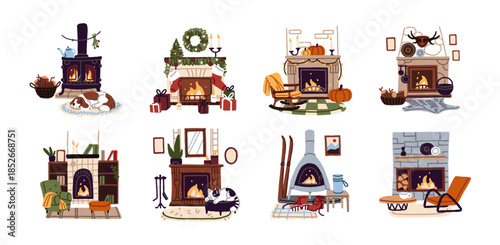 Fireplaces set. Decorated for Christmas and autumn living room with fireside. Cozy interior with burning fire. Home flame with decorations. Flat isolated vector illustrations on white background